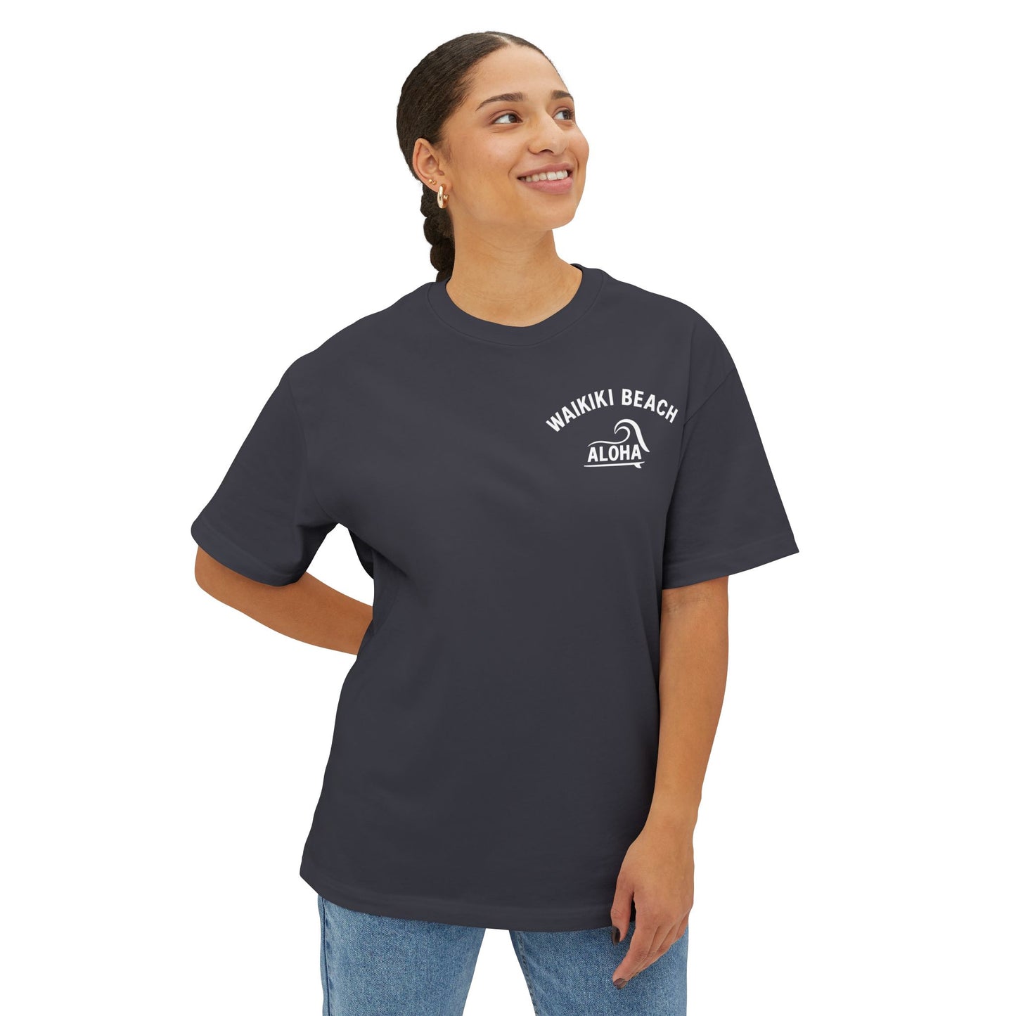 Mahalon Honolulu ALOHA Waikiki Beach Unisex Oversized Boxy Tee (Black)