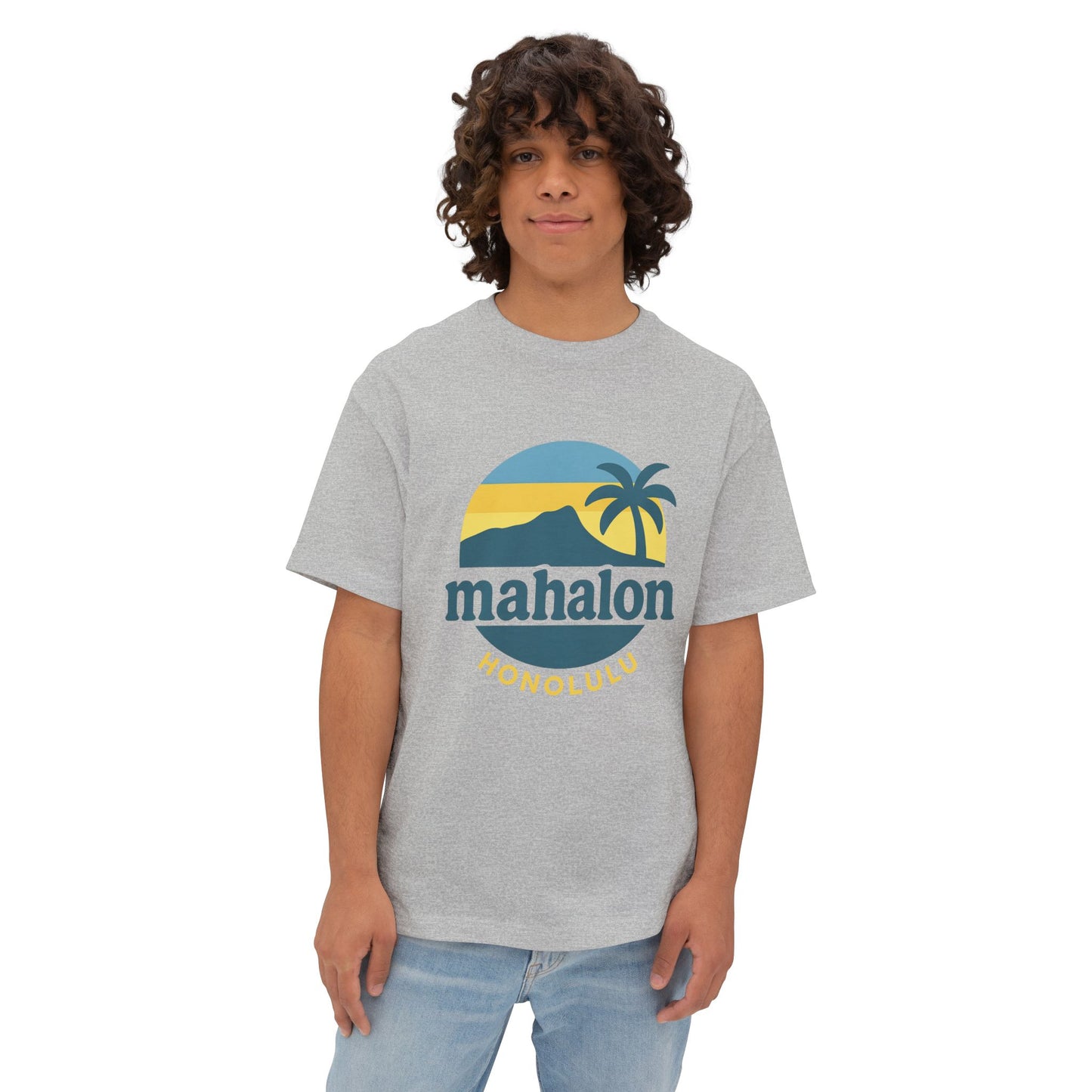 Mahalon Honolulu Mahalo and palm  tree  color print Unisex Oversized Boxy Tee