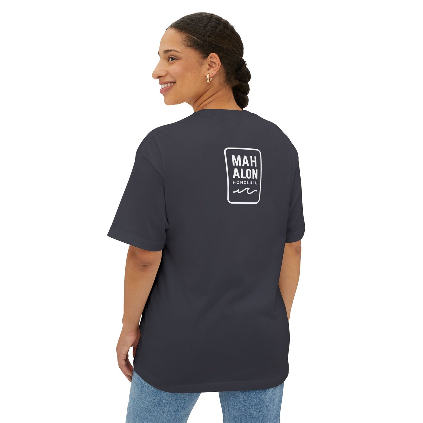Mahalon Honolulu ALOHA Waikiki Beach Unisex Oversized Boxy Tee (Black)