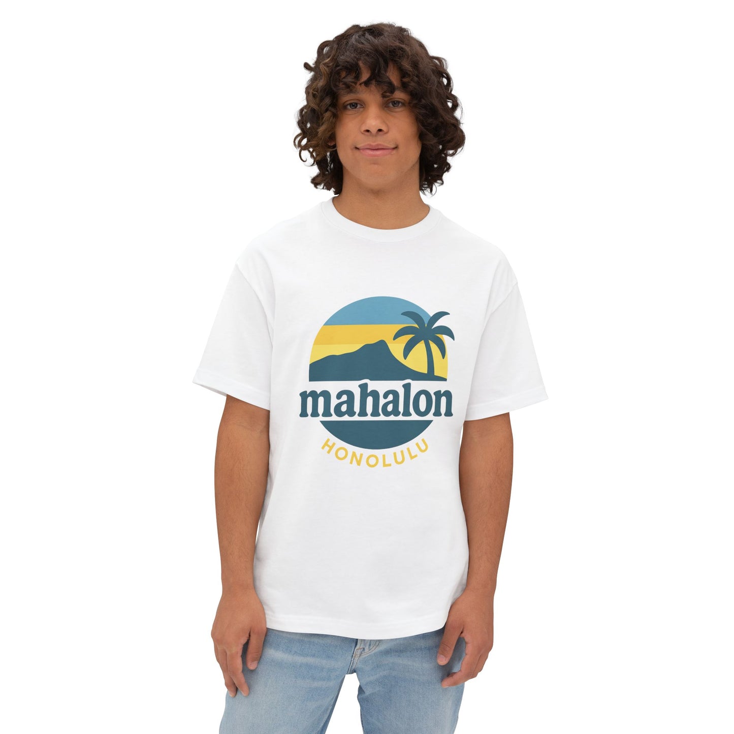 Mahalon Honolulu Mahalo and palm  tree  color print Unisex Oversized Boxy Tee