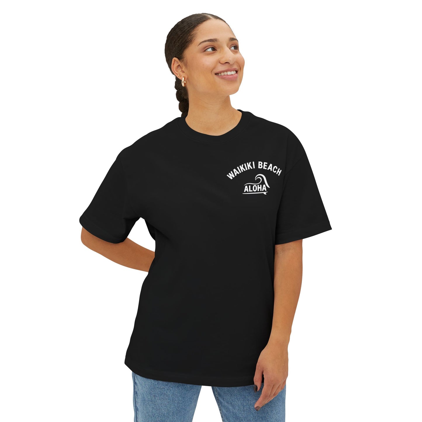 Mahalon Honolulu ALOHA Waikiki Beach Unisex Oversized Boxy Tee (Black)