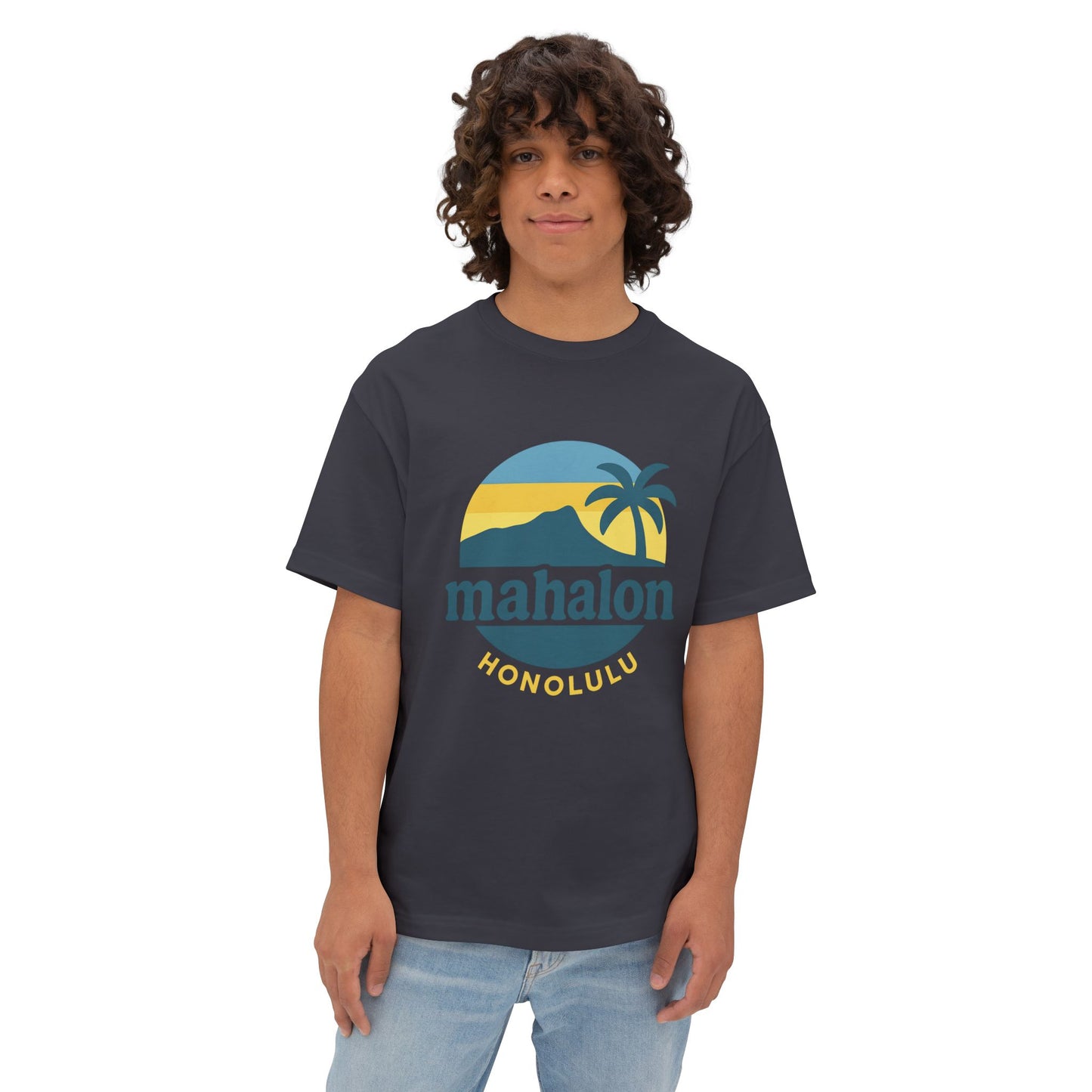 Mahalon Honolulu Mahalo and palm  tree  color print Unisex Oversized Boxy Tee