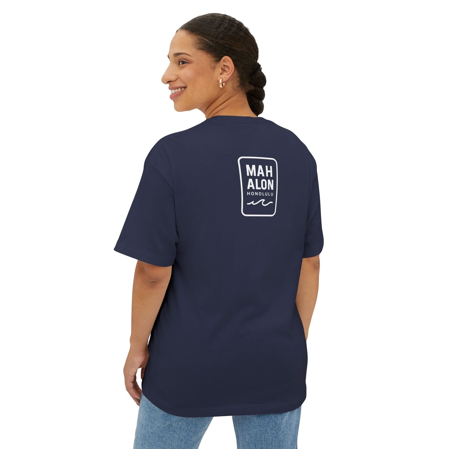 Mahalon Honolulu ALOHA Waikiki Beach Unisex Oversized Boxy Tee (Black)