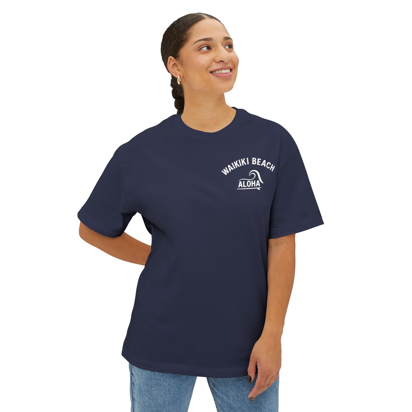 Mahalon Honolulu ALOHA Waikiki Beach Unisex Oversized Boxy Tee (Black)