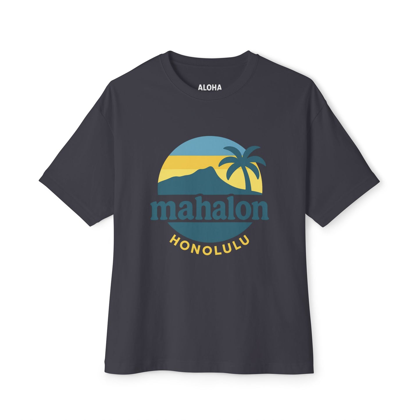 Mahalon Honolulu Mahalo and palm  tree  color print Unisex Oversized Boxy Tee