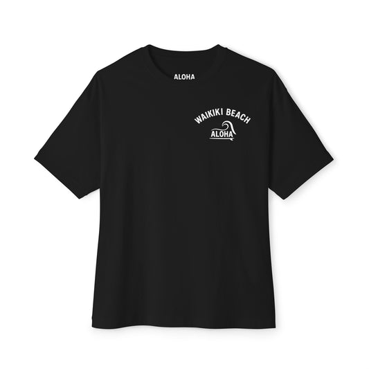 Mahalon Honolulu ALOHA Waikiki Beach Unisex Oversized Boxy Tee (Black)
