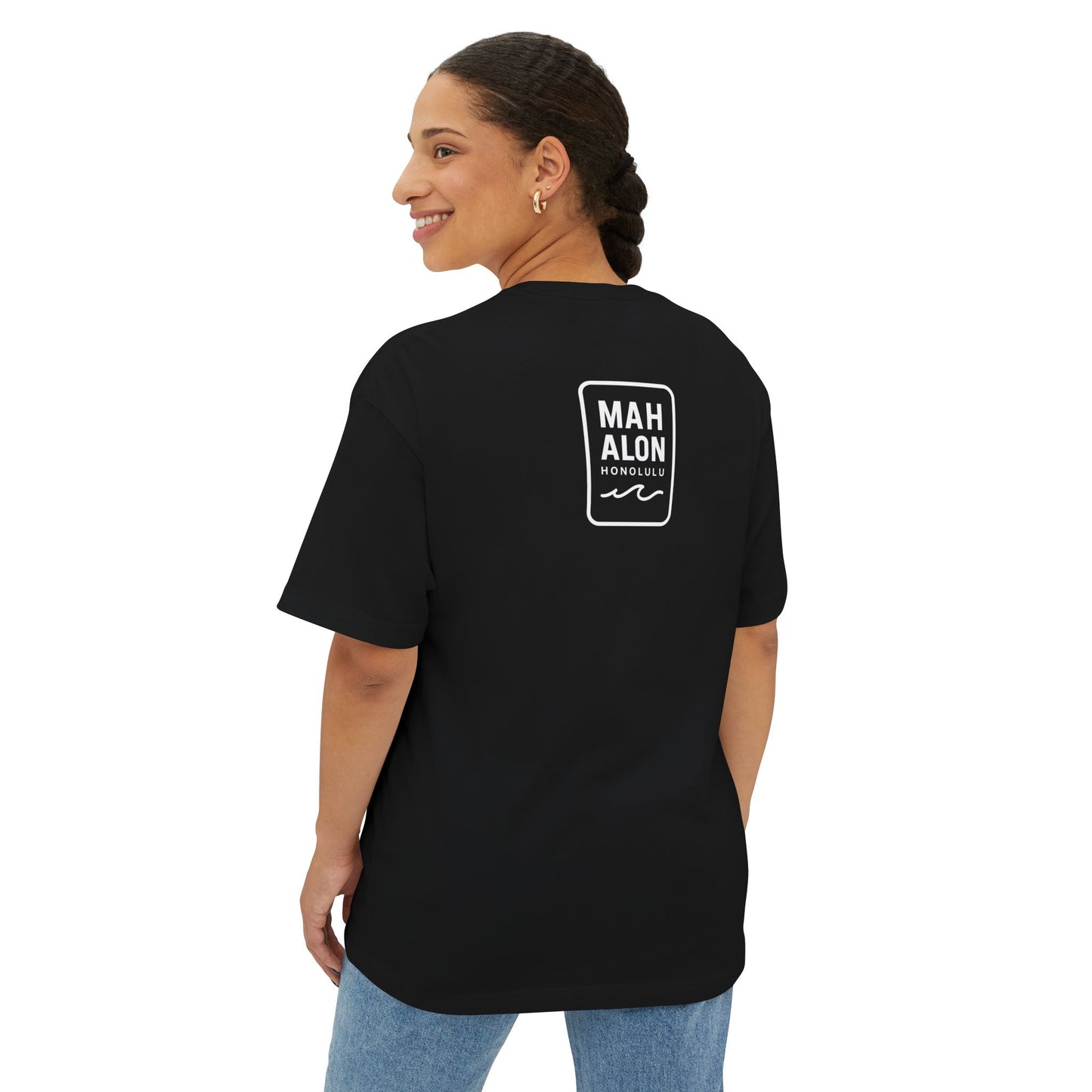Mahalon Honolulu ALOHA Waikiki Beach Unisex Oversized Boxy Tee (Black)