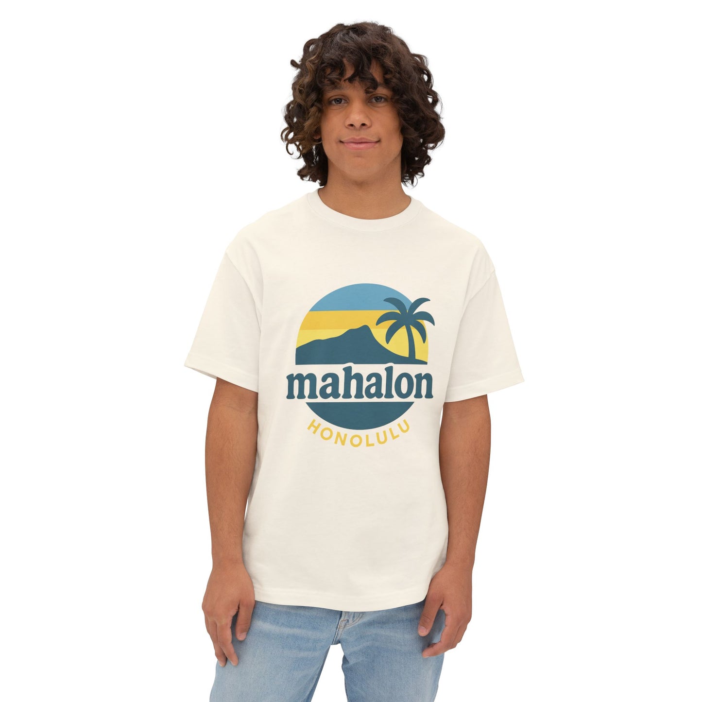 Mahalon Honolulu Mahalo and palm  tree  color print Unisex Oversized Boxy Tee